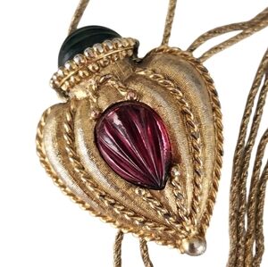 1928 Hangtag 38" Chain Heart Vial Flacon Style Pendant Necklace Ribbed Cabochons